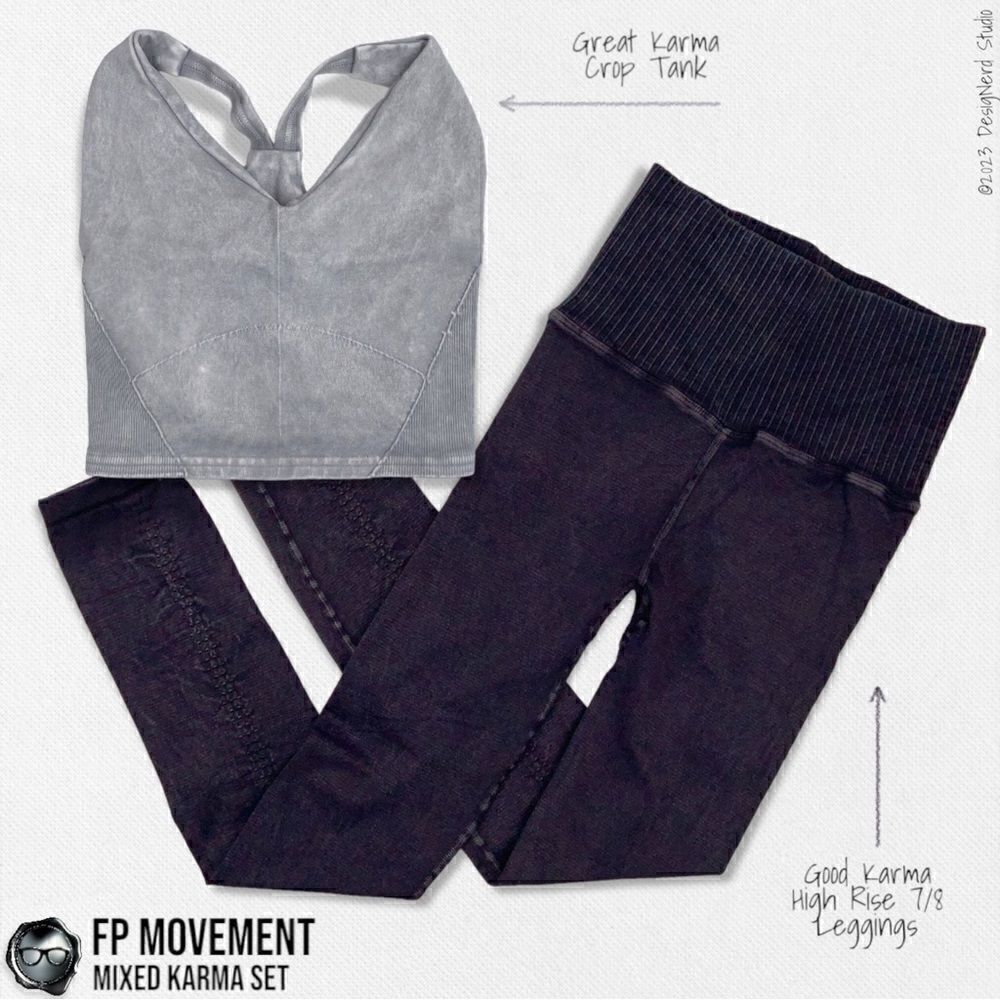 FP MOVEMENT GREY GREAT KARMA CROP TANK + BLACK GOOD KARMA HIGH-RISE LEGGINGS M/L